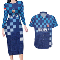 Croatia Football 2025 Custom Couples Matching Long Sleeve Bodycon Dress and Hawaiian Shirt Blue Hrvatska Kockasti - Pula Arena