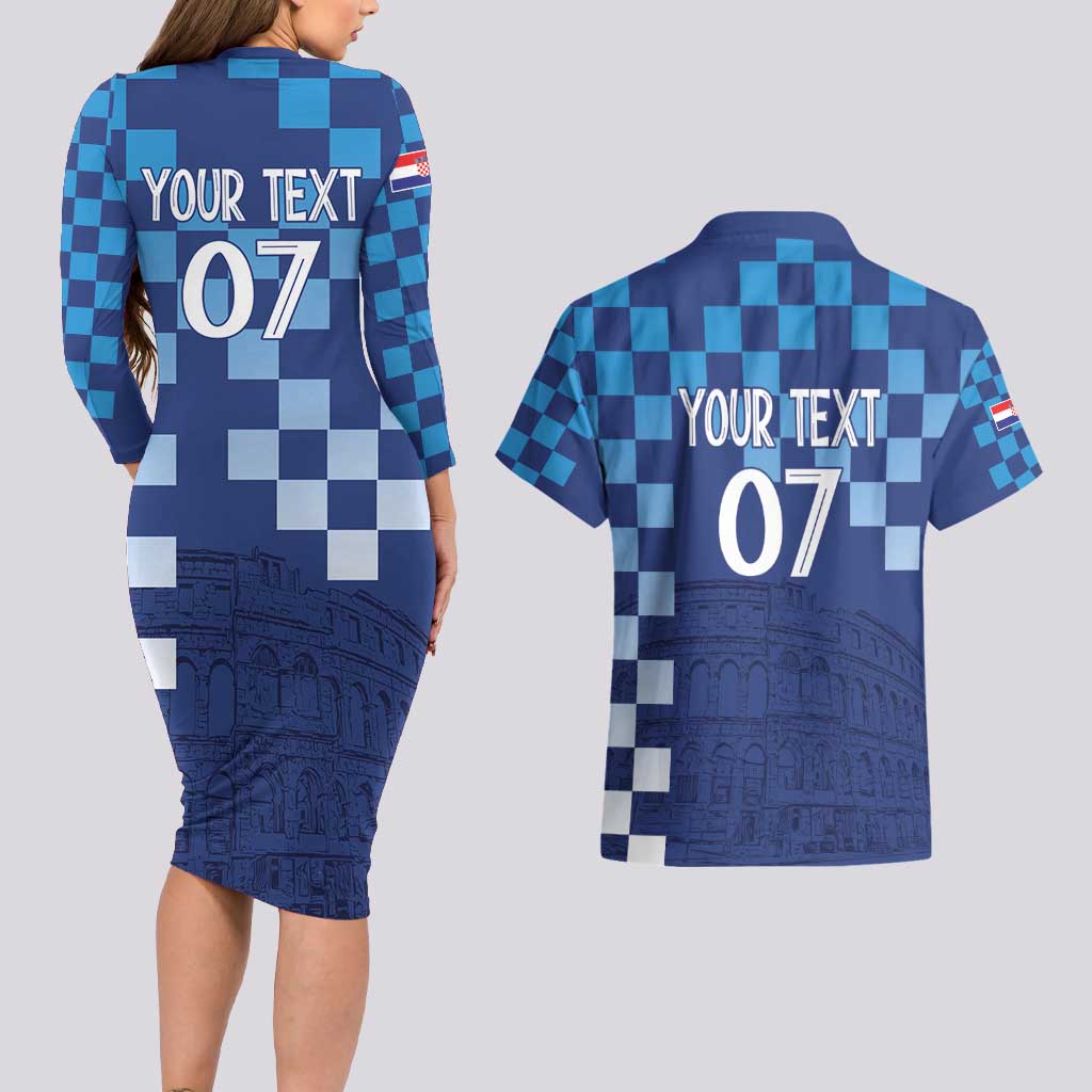 Croatia Football 2025 Custom Couples Matching Long Sleeve Bodycon Dress and Hawaiian Shirt Blue Hrvatska Kockasti - Pula Arena