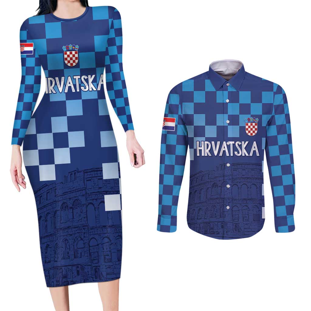Croatia Football 2025 Custom Couples Matching Long Sleeve Bodycon Dress and Long Sleeve Button Shirt Blue Hrvatska Kockasti - Pula Arena
