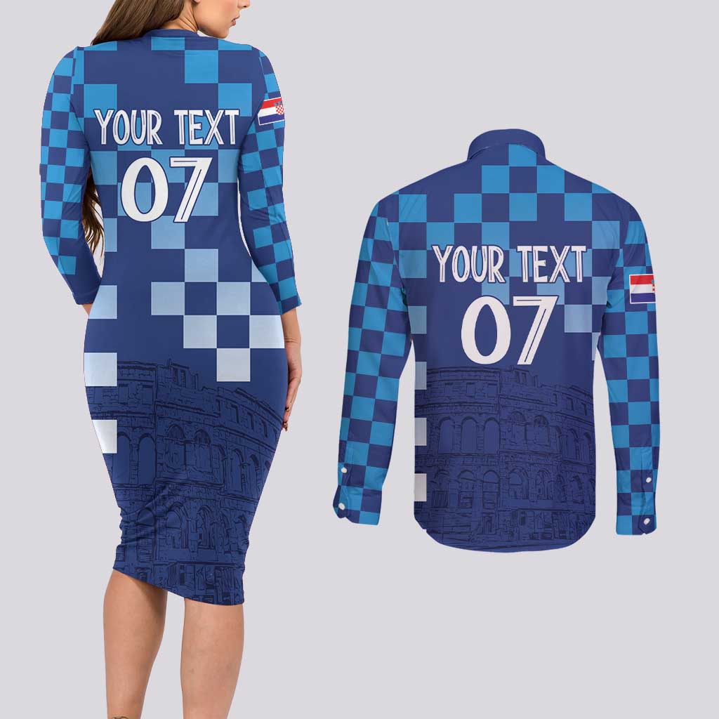Croatia Football 2025 Custom Couples Matching Long Sleeve Bodycon Dress and Long Sleeve Button Shirt Blue Hrvatska Kockasti - Pula Arena