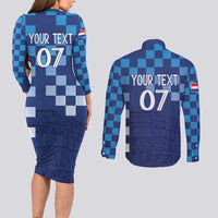 Croatia Football 2025 Custom Couples Matching Long Sleeve Bodycon Dress and Long Sleeve Button Shirt Blue Hrvatska Kockasti - Pula Arena