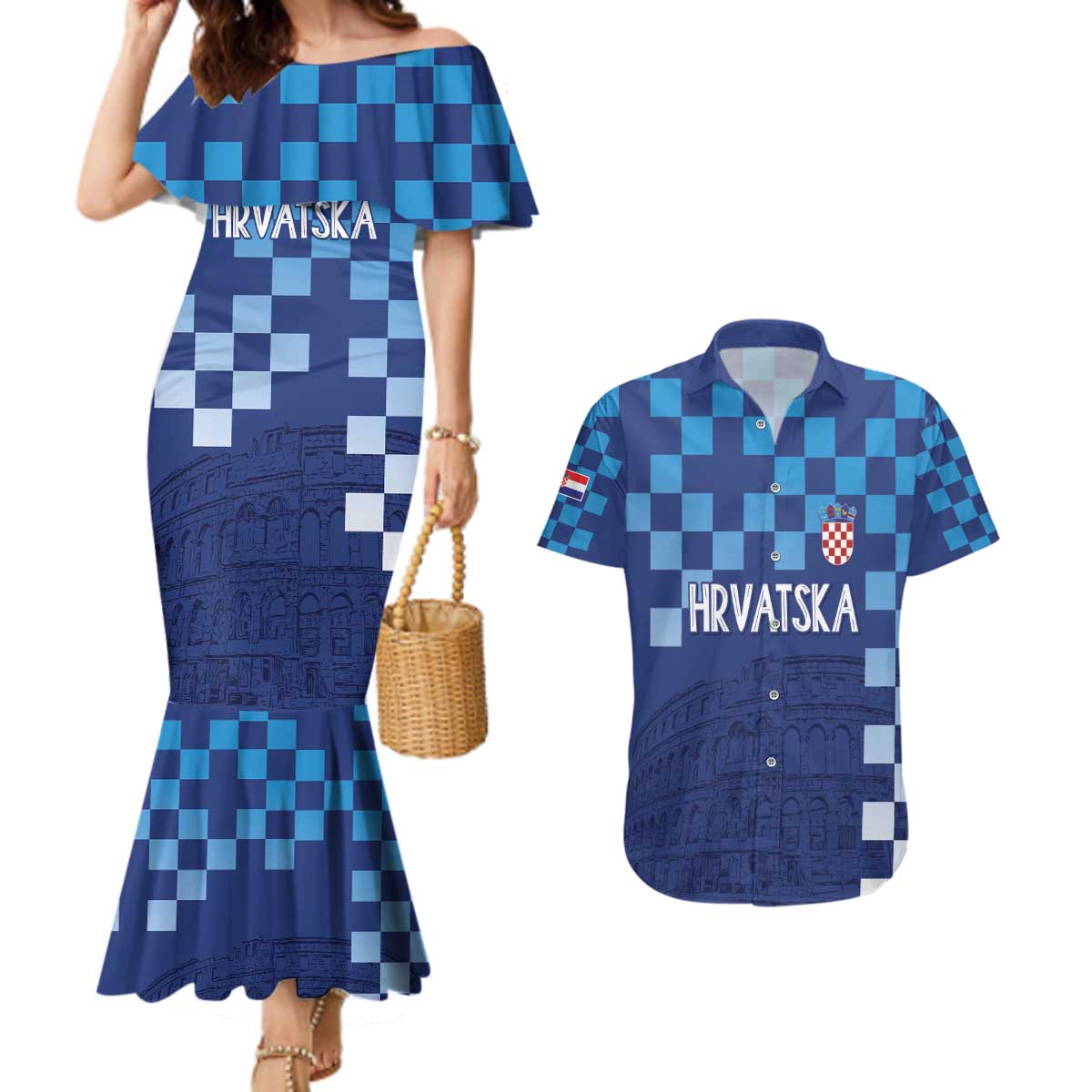 Croatia Football 2025 Custom Couples Matching Mermaid Dress and Hawaiian Shirt Blue Hrvatska Kockasti - Pula Arena