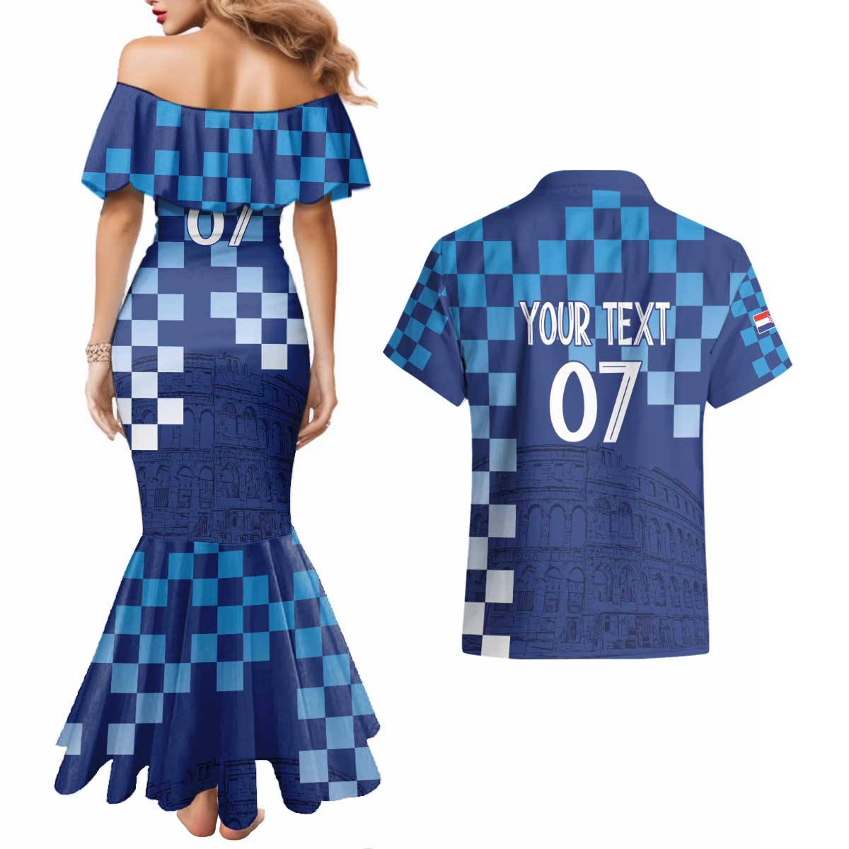 Croatia Football 2025 Custom Couples Matching Mermaid Dress and Hawaiian Shirt Blue Hrvatska Kockasti - Pula Arena