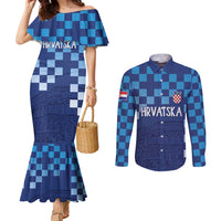 Croatia Football 2025 Custom Couples Matching Mermaid Dress and Long Sleeve Button Shirt Blue Hrvatska Kockasti - Pula Arena