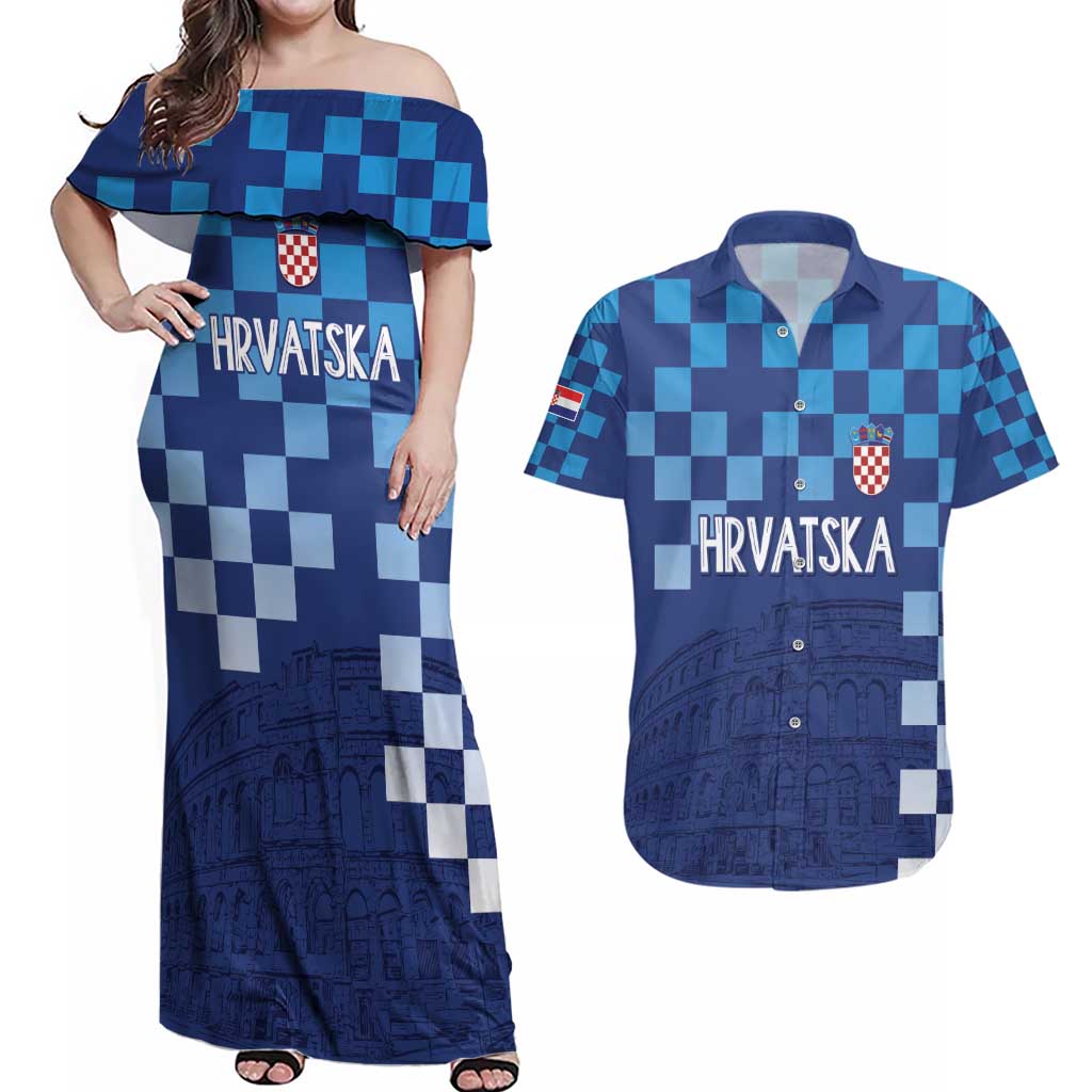 Croatia Football 2025 Custom Couples Matching Off Shoulder Maxi Dress and Hawaiian Shirt Blue Hrvatska Kockasti - Pula Arena