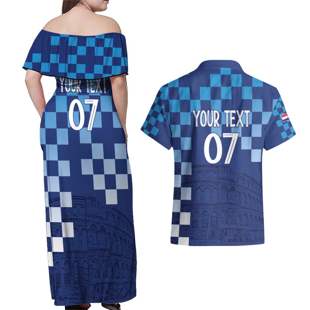 Croatia Football 2025 Custom Couples Matching Off Shoulder Maxi Dress and Hawaiian Shirt Blue Hrvatska Kockasti - Pula Arena