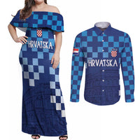 Croatia Football 2025 Custom Couples Matching Off Shoulder Maxi Dress and Long Sleeve Button Shirt Blue Hrvatska Kockasti - Pula Arena