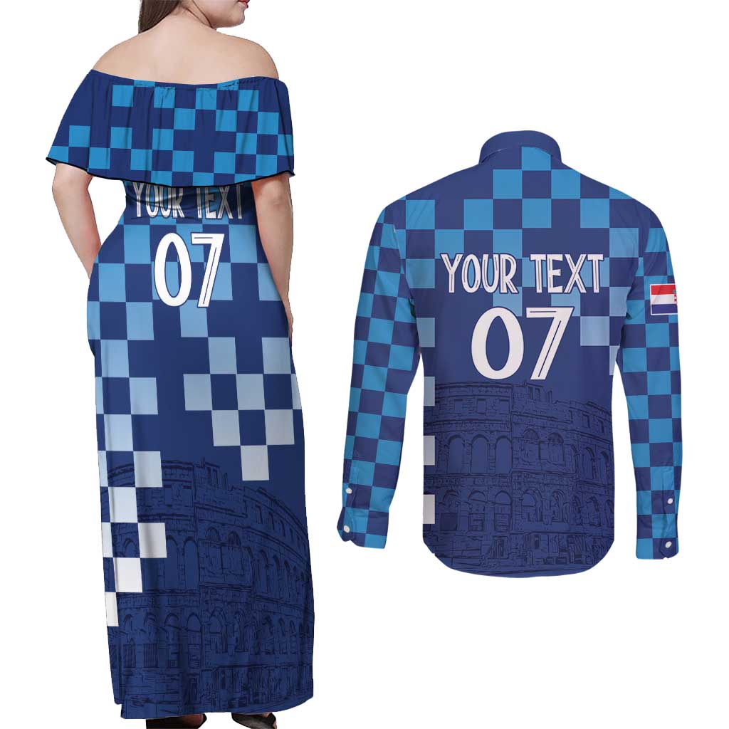 Croatia Football 2025 Custom Couples Matching Off Shoulder Maxi Dress and Long Sleeve Button Shirt Blue Hrvatska Kockasti - Pula Arena