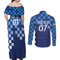 Croatia Football 2025 Custom Couples Matching Off Shoulder Maxi Dress and Long Sleeve Button Shirt Blue Hrvatska Kockasti - Pula Arena