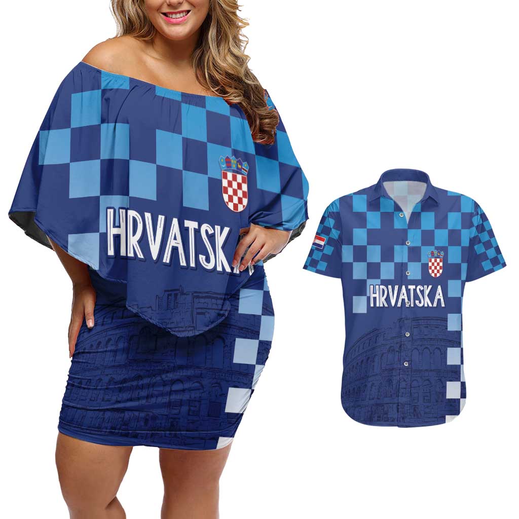 Croatia Football 2025 Custom Couples Matching Off Shoulder Short Dress and Hawaiian Shirt Blue Hrvatska Kockasti - Pula Arena