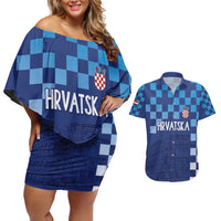 Croatia Football 2025 Custom Couples Matching Off Shoulder Short Dress and Hawaiian Shirt Blue Hrvatska Kockasti - Pula Arena