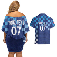 Croatia Football 2025 Custom Couples Matching Off Shoulder Short Dress and Hawaiian Shirt Blue Hrvatska Kockasti - Pula Arena