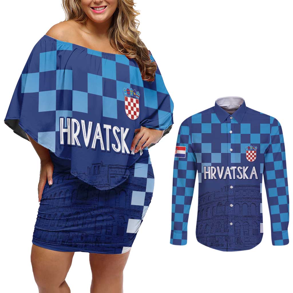 Croatia Football 2025 Custom Couples Matching Off Shoulder Short Dress and Long Sleeve Button Shirt Blue Hrvatska Kockasti - Pula Arena