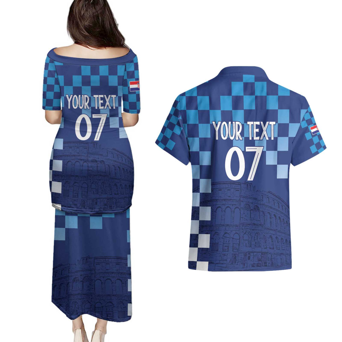 Croatia Football 2025 Custom Couples Matching Puletasi and Hawaiian Shirt Blue Hrvatska Kockasti - Pula Arena