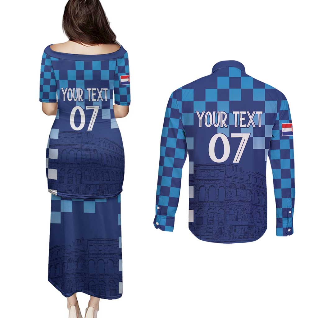 Croatia Football 2025 Custom Couples Matching Puletasi and Long Sleeve Button Shirt Blue Hrvatska Kockasti - Pula Arena
