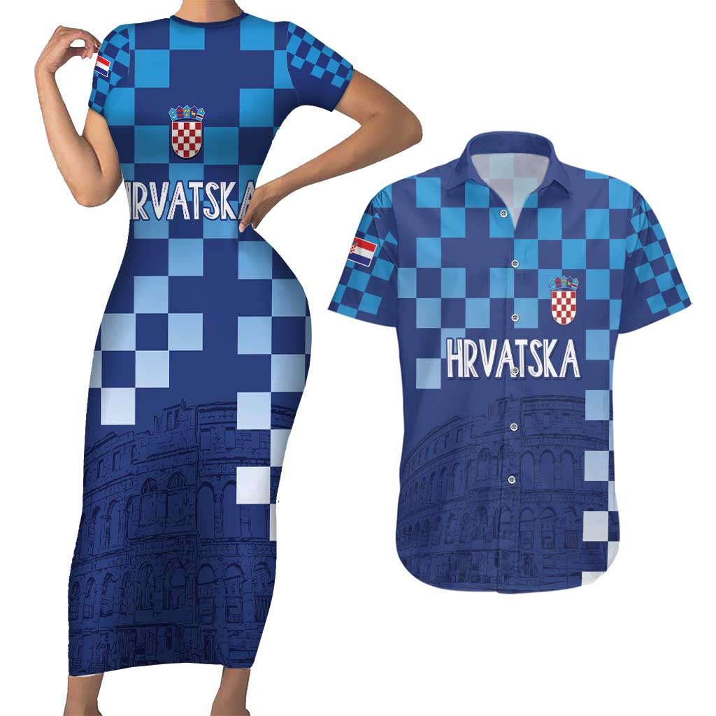 Croatia Football 2025 Custom Couples Matching Short Sleeve Bodycon Dress and Hawaiian Shirt Blue Hrvatska Kockasti - Pula Arena