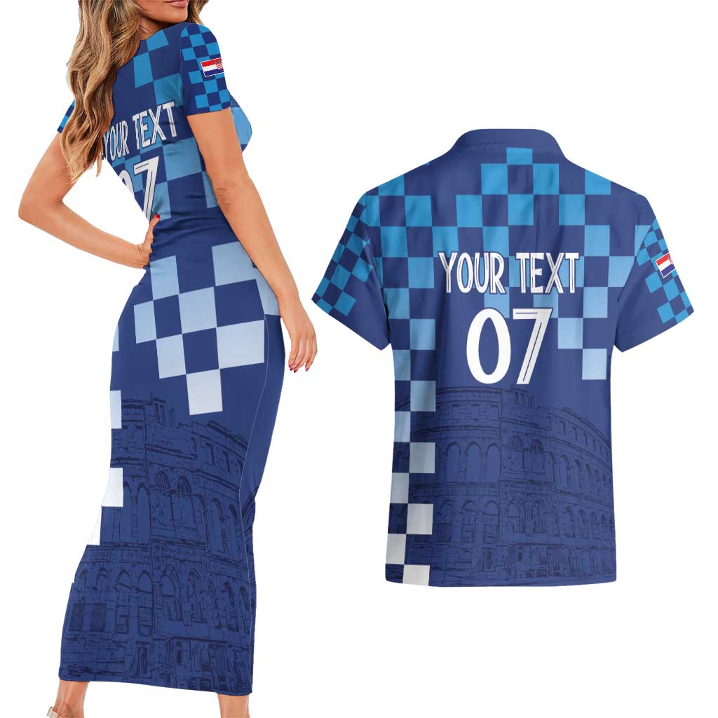 Croatia Football 2025 Custom Couples Matching Short Sleeve Bodycon Dress and Hawaiian Shirt Blue Hrvatska Kockasti - Pula Arena