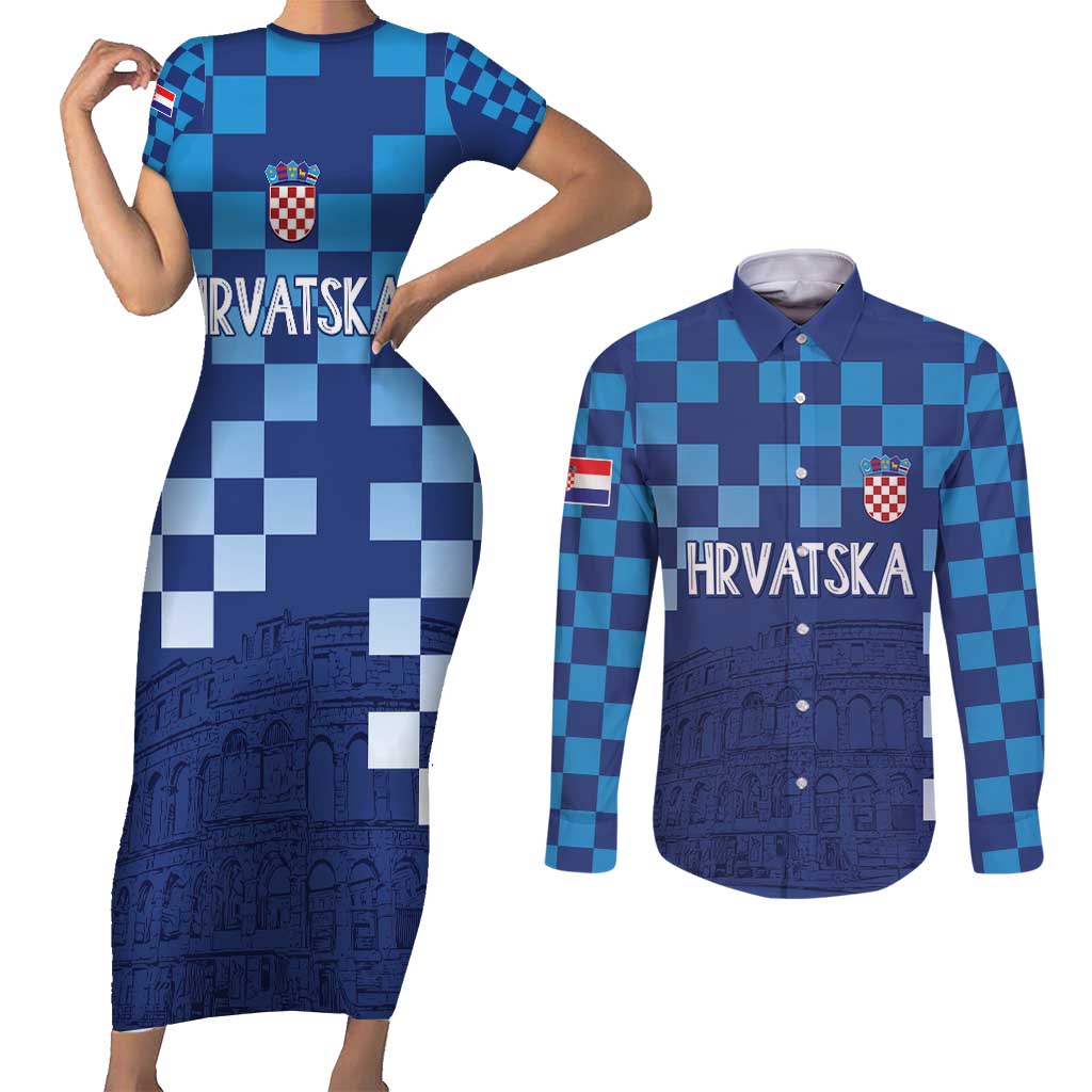 Croatia Football 2025 Custom Couples Matching Short Sleeve Bodycon Dress and Long Sleeve Button Shirt Blue Hrvatska Kockasti - Pula Arena
