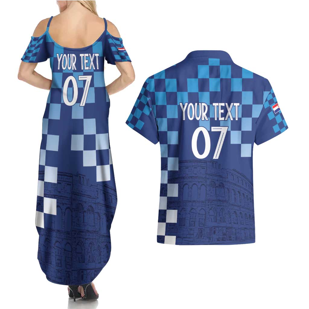 Croatia Football 2025 Custom Couples Matching Summer Maxi Dress and Hawaiian Shirt Blue Hrvatska Kockasti - Pula Arena
