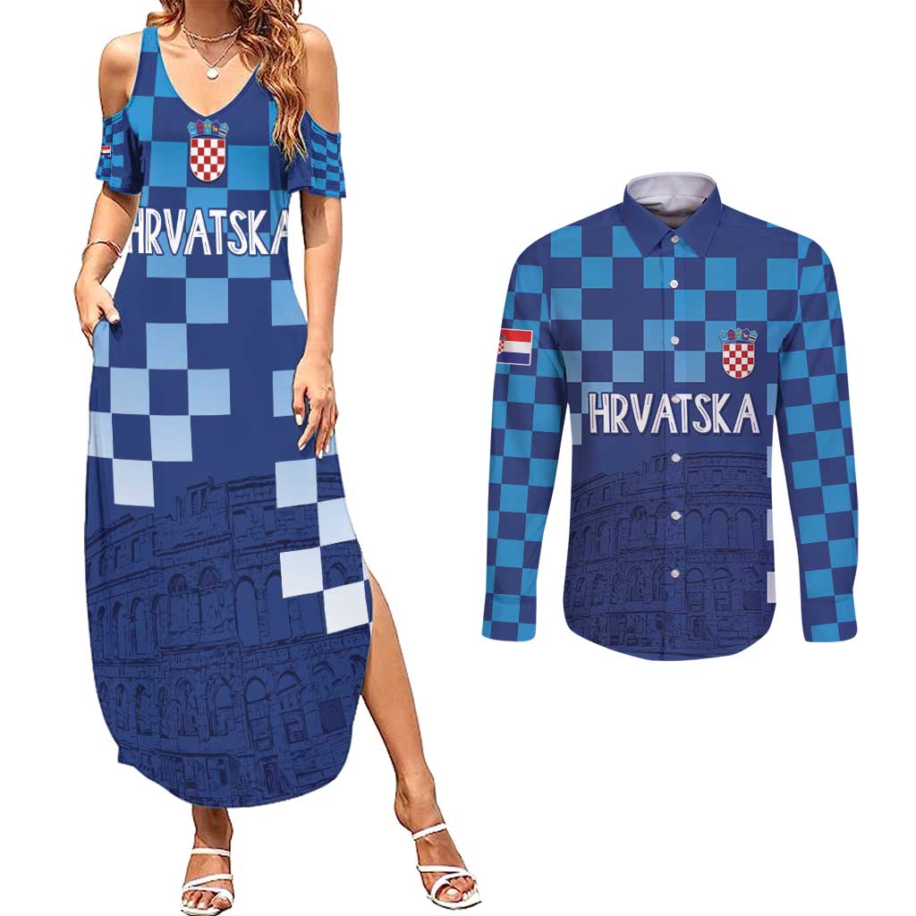 Croatia Football 2025 Custom Couples Matching Summer Maxi Dress and Long Sleeve Button Shirt Blue Hrvatska Kockasti - Pula Arena