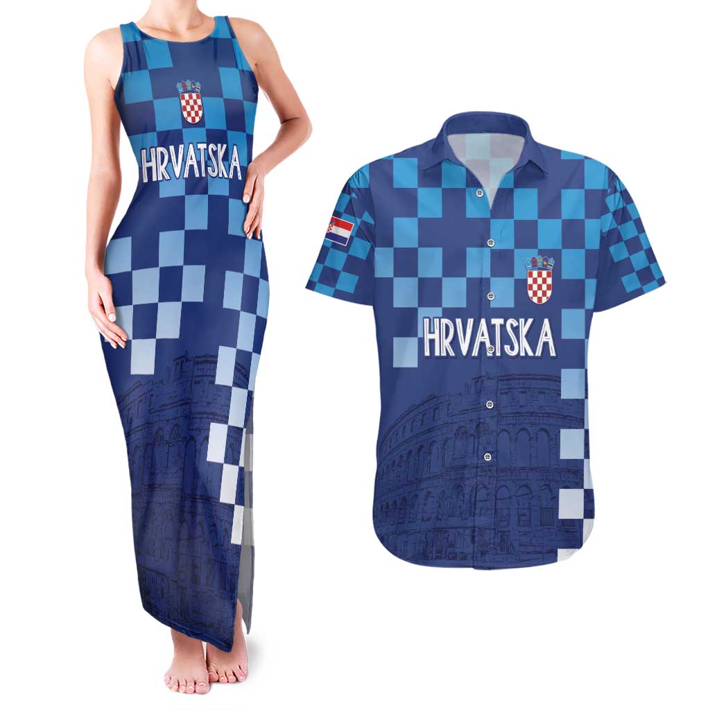 Croatia Football 2025 Custom Couples Matching Tank Maxi Dress and Hawaiian Shirt Blue Hrvatska Kockasti - Pula Arena