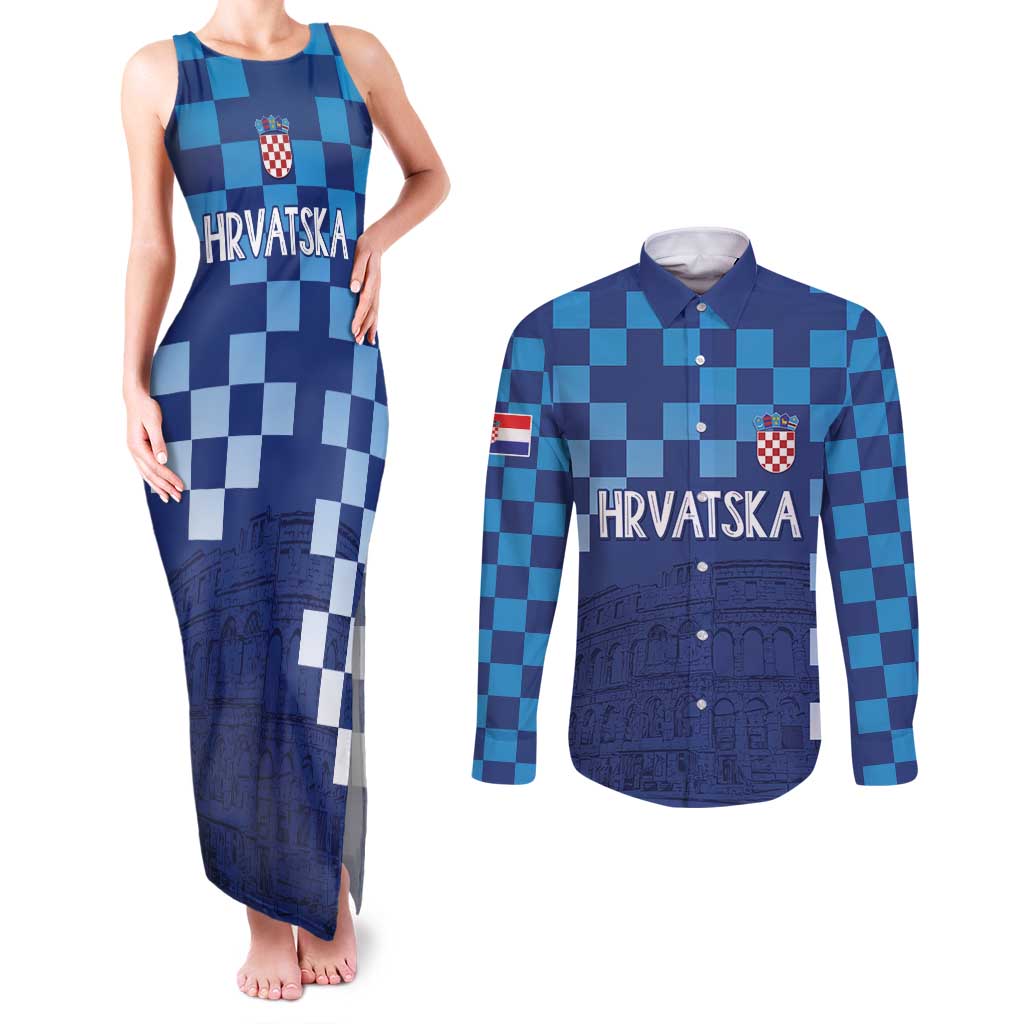 Croatia Football 2025 Custom Couples Matching Tank Maxi Dress and Long Sleeve Button Shirt Blue Hrvatska Kockasti - Pula Arena