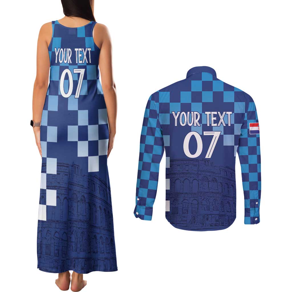 Croatia Football 2025 Custom Couples Matching Tank Maxi Dress and Long Sleeve Button Shirt Blue Hrvatska Kockasti - Pula Arena
