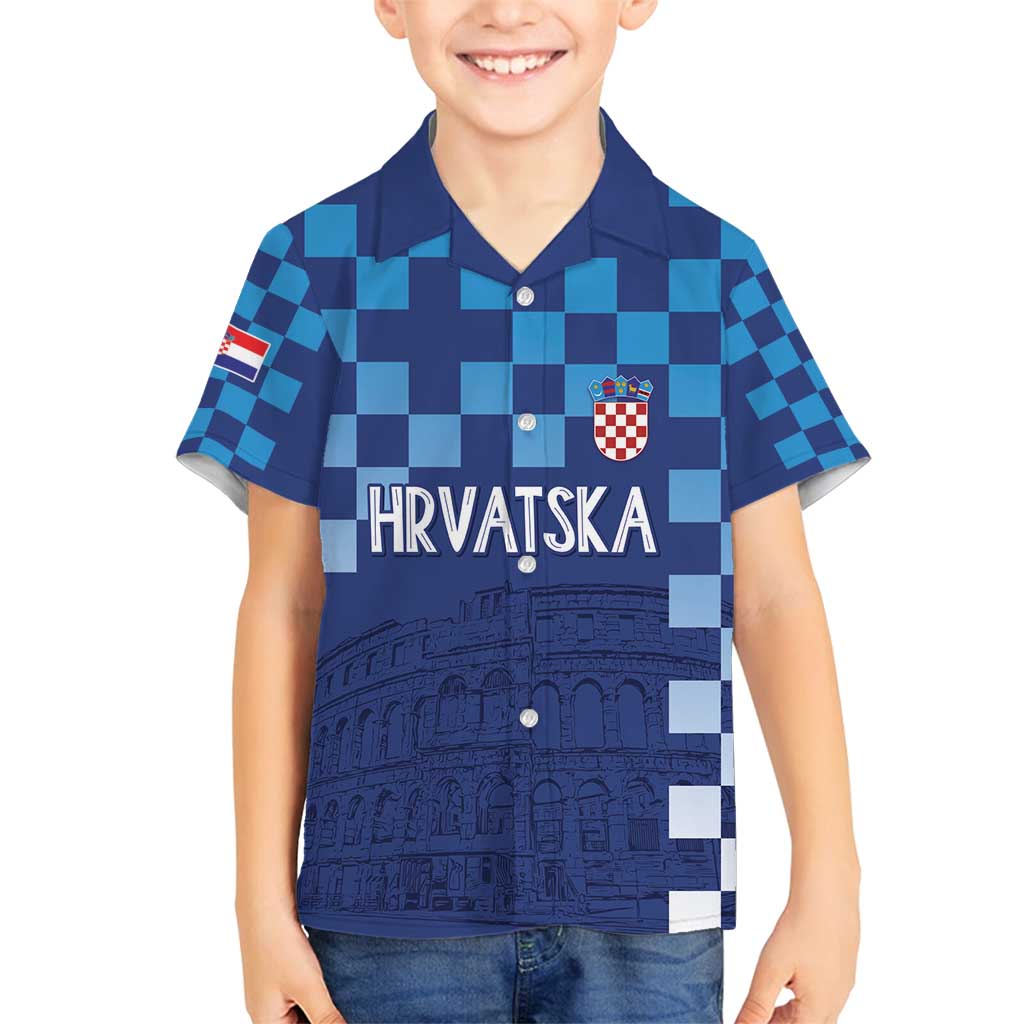 Croatia Football 2025 Custom Family Matching Long Sleeve Bodycon Dress and Hawaiian Shirt Blue Hrvatska Kockasti - Pula Arena