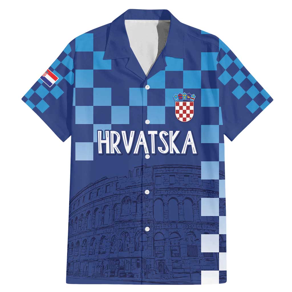 Croatia Football 2025 Custom Family Matching Mermaid Dress and Hawaiian Shirt Blue Hrvatska Kockasti - Pula Arena
