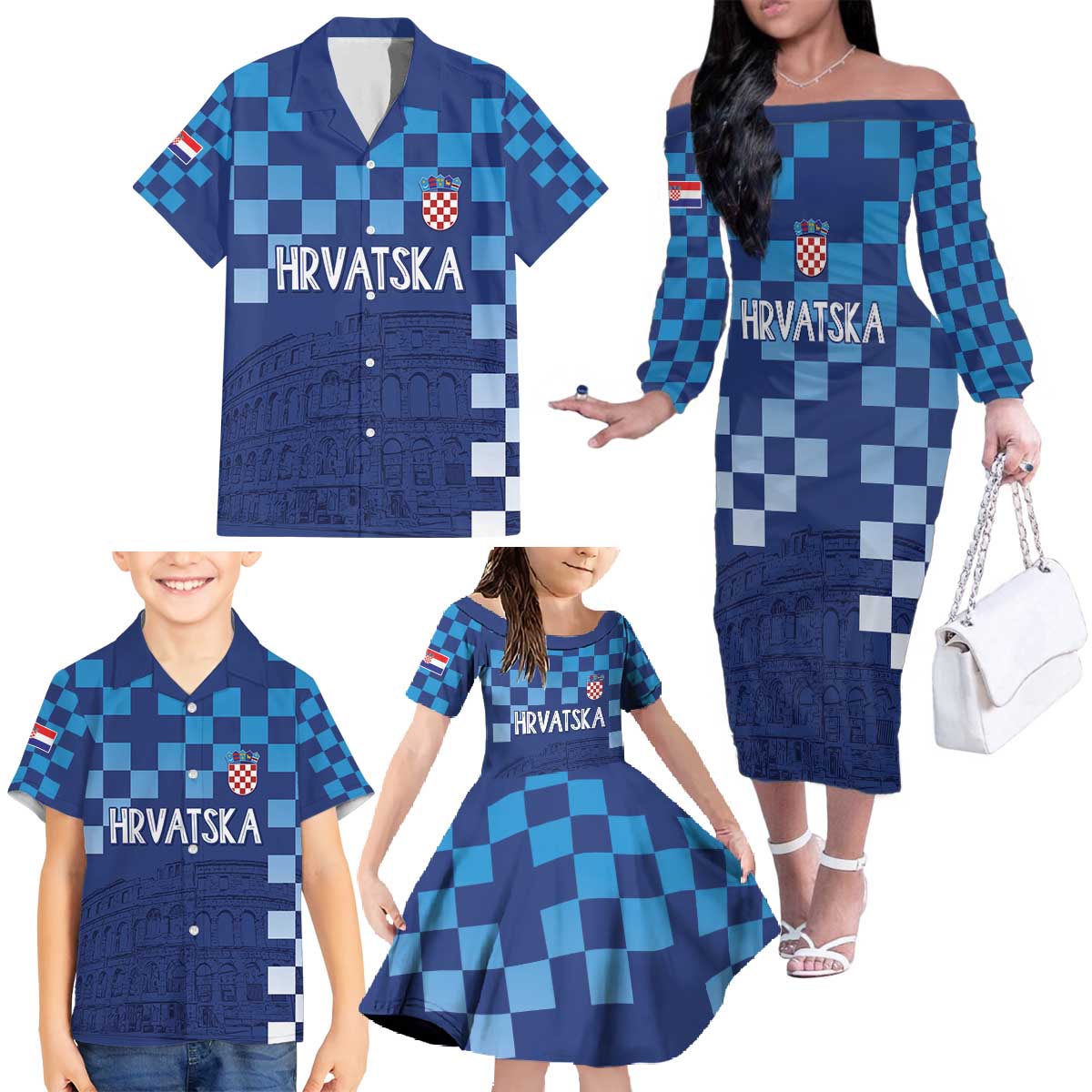 Croatia Football 2025 Custom Family Matching Off The Shoulder Long Sleeve Dress and Hawaiian Shirt Blue Hrvatska Kockasti - Pula Arena