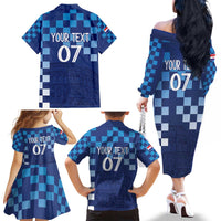 Croatia Football 2025 Custom Family Matching Off The Shoulder Long Sleeve Dress and Hawaiian Shirt Blue Hrvatska Kockasti - Pula Arena