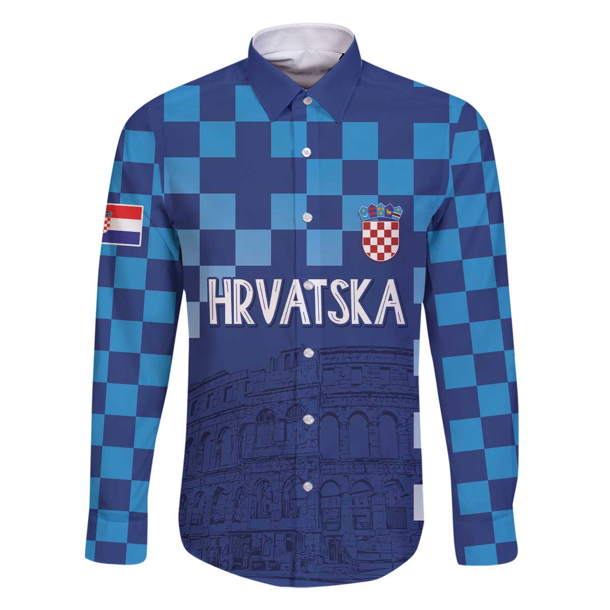 Croatia Football 2025 Custom Family Matching Off The Shoulder Long Sleeve Dress and Hawaiian Shirt Blue Hrvatska Kockasti - Pula Arena