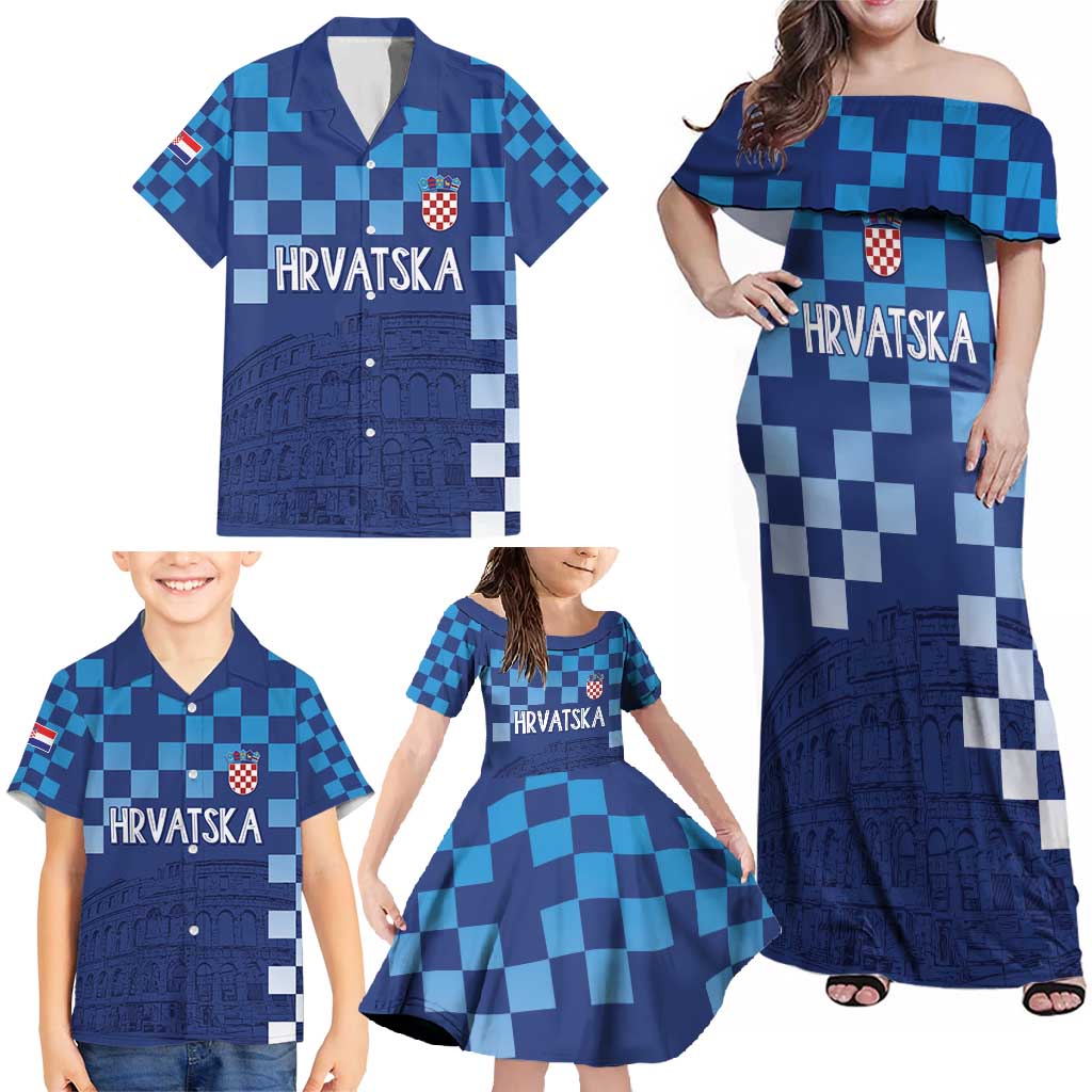 Croatia Football 2025 Custom Family Matching Off Shoulder Maxi Dress and Hawaiian Shirt Blue Hrvatska Kockasti - Pula Arena