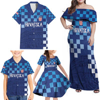 Croatia Football 2025 Custom Family Matching Off Shoulder Maxi Dress and Hawaiian Shirt Blue Hrvatska Kockasti - Pula Arena