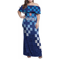 Croatia Football 2025 Custom Family Matching Off Shoulder Maxi Dress and Hawaiian Shirt Blue Hrvatska Kockasti - Pula Arena