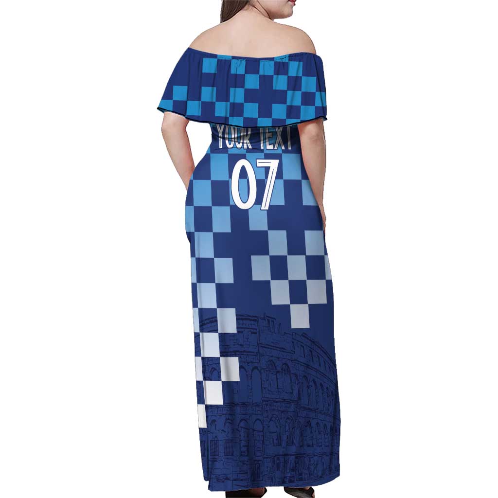 Croatia Football 2025 Custom Family Matching Off Shoulder Maxi Dress and Hawaiian Shirt Blue Hrvatska Kockasti - Pula Arena