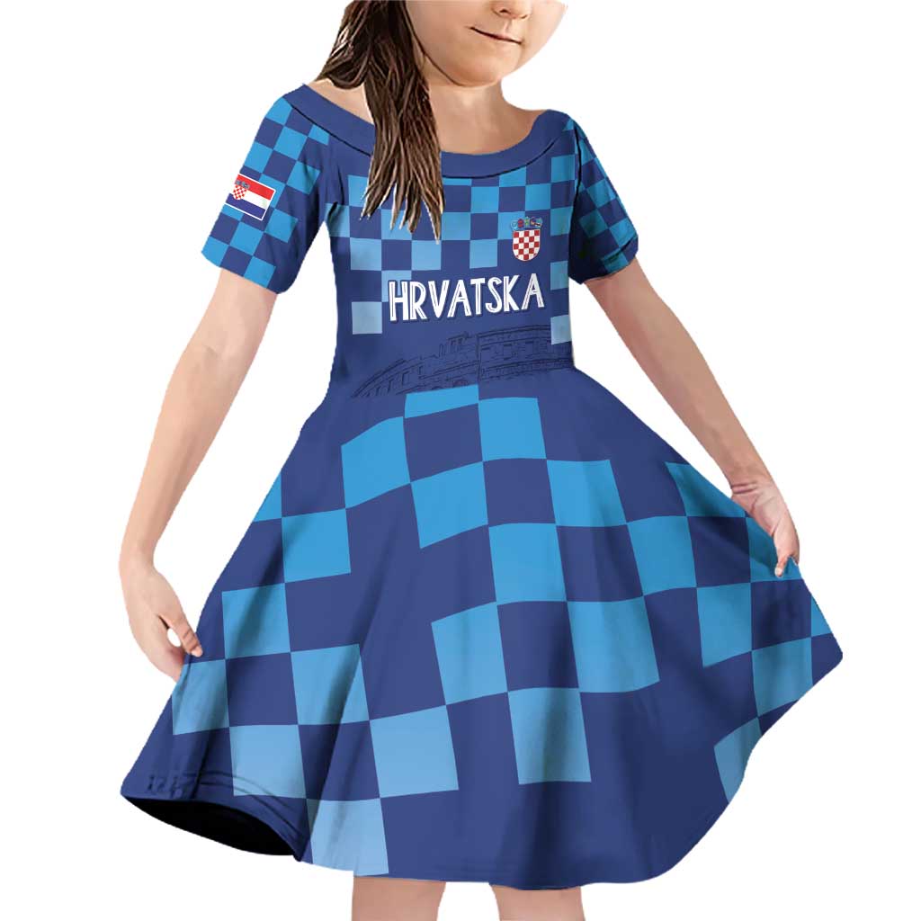 Croatia Football 2025 Custom Family Matching Off Shoulder Short Dress and Hawaiian Shirt Blue Hrvatska Kockasti - Pula Arena