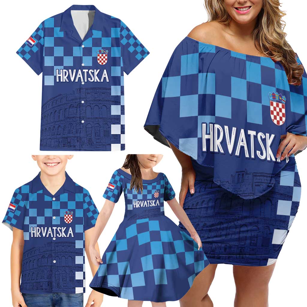 Croatia Football 2025 Custom Family Matching Off Shoulder Short Dress and Hawaiian Shirt Blue Hrvatska Kockasti - Pula Arena