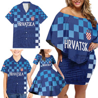 Croatia Football 2025 Custom Family Matching Off Shoulder Short Dress and Hawaiian Shirt Blue Hrvatska Kockasti - Pula Arena