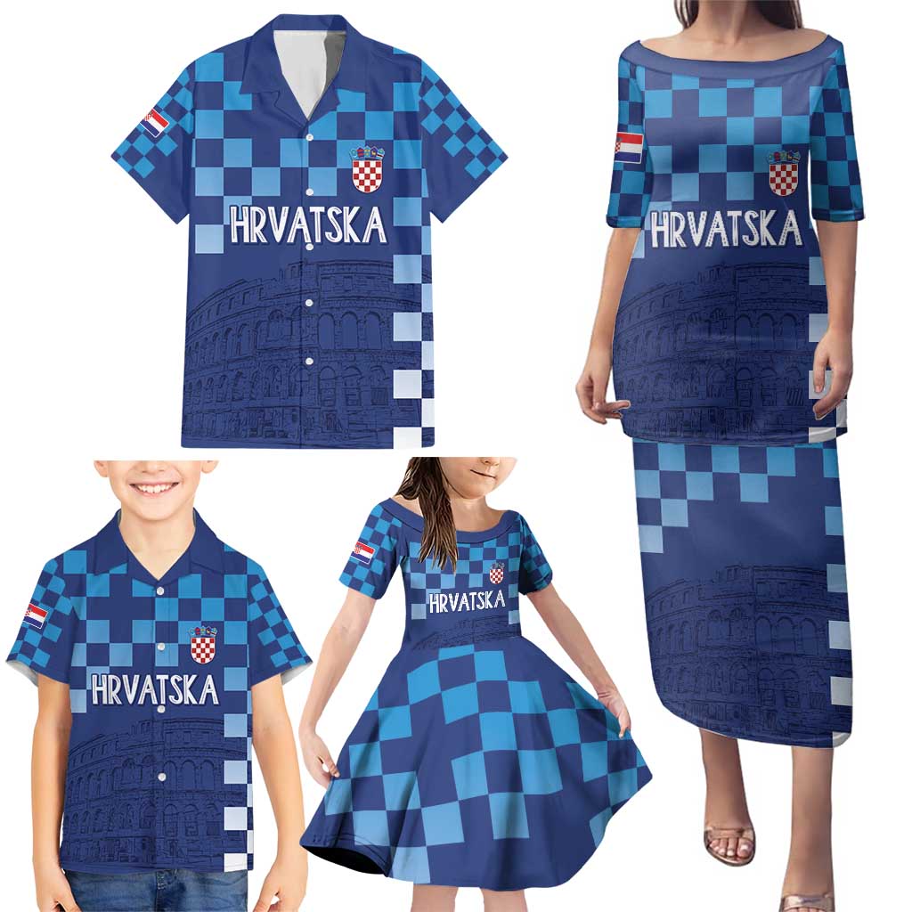Croatia Football 2025 Custom Family Matching Puletasi and Hawaiian Shirt Blue Hrvatska Kockasti - Pula Arena