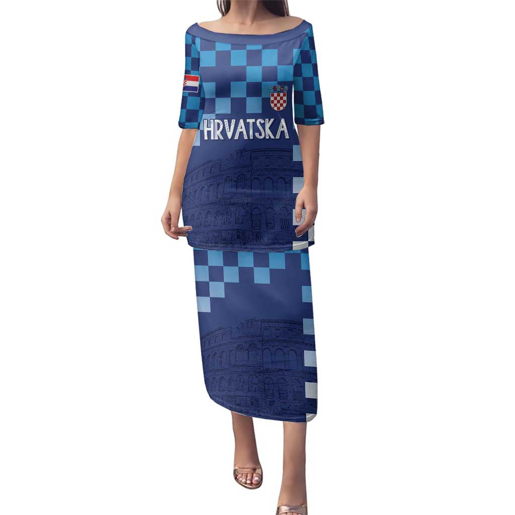 Croatia Football 2025 Custom Family Matching Puletasi and Hawaiian Shirt Blue Hrvatska Kockasti - Pula Arena