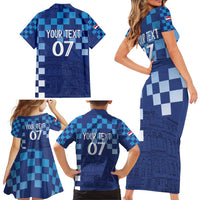 Croatia Football 2025 Custom Family Matching Short Sleeve Bodycon Dress and Hawaiian Shirt Blue Hrvatska Kockasti - Pula Arena