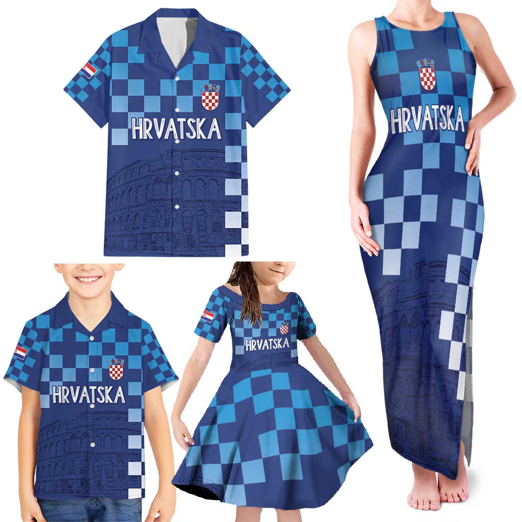 Croatia Football 2025 Custom Family Matching Tank Maxi Dress and Hawaiian Shirt Blue Hrvatska Kockasti - Pula Arena