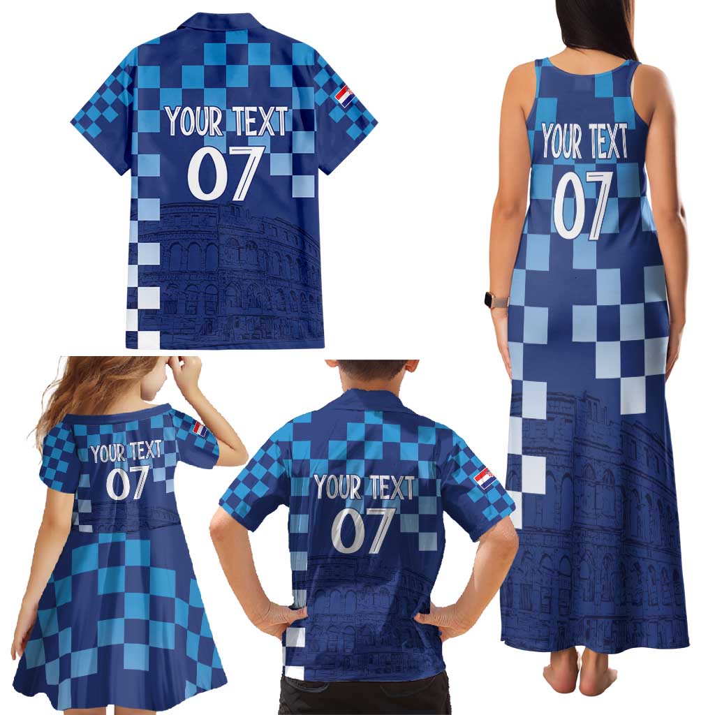 Croatia Football 2025 Custom Family Matching Tank Maxi Dress and Hawaiian Shirt Blue Hrvatska Kockasti - Pula Arena