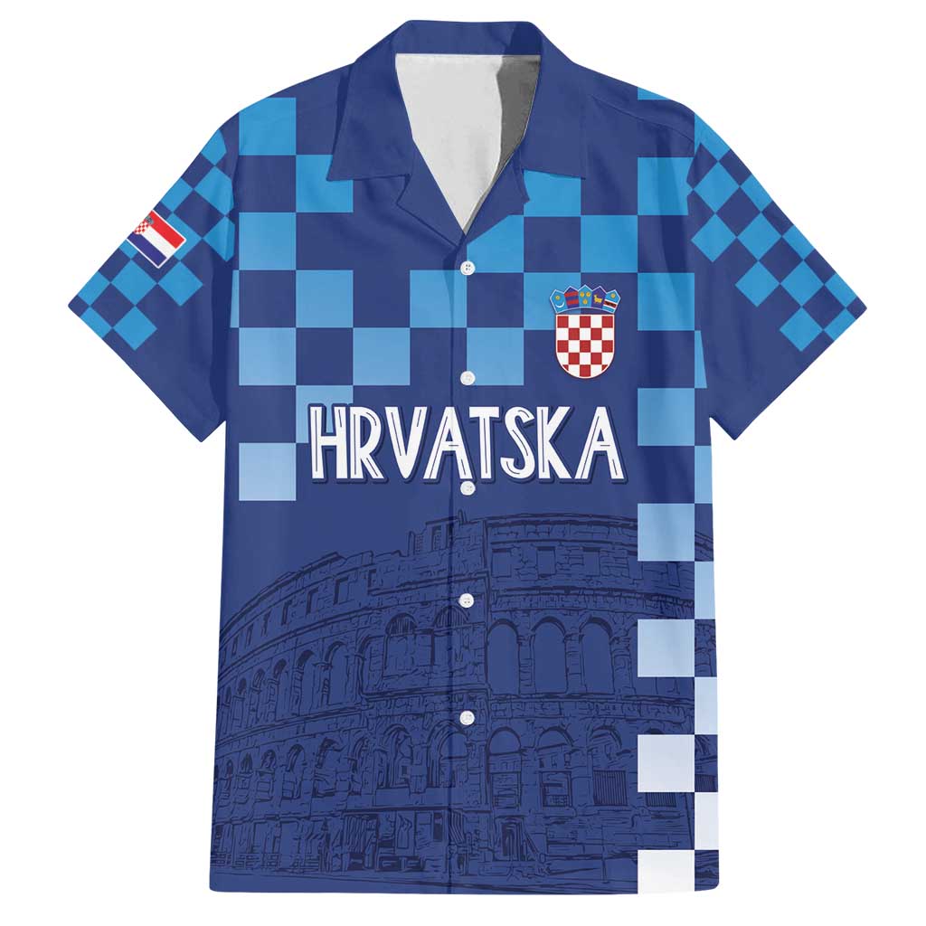Croatia Football 2025 Custom Family Matching Tank Maxi Dress and Hawaiian Shirt Blue Hrvatska Kockasti - Pula Arena
