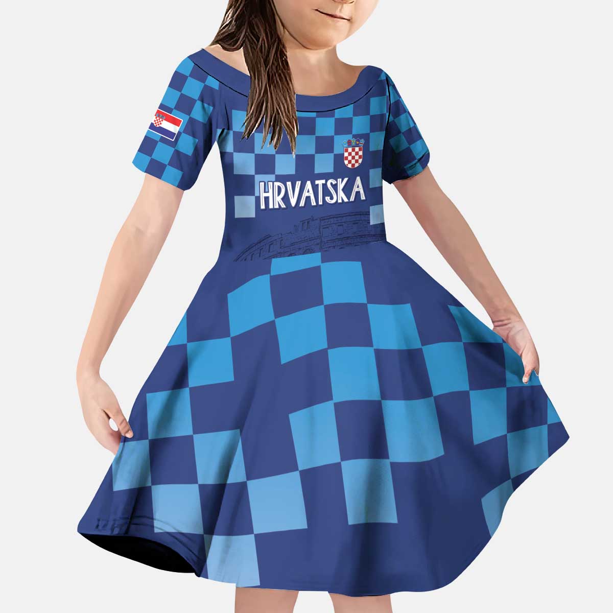 Croatia Football 2025 Custom Kid Short Sleeve Dress Blue Hrvatska Kockasti - Pula Arena