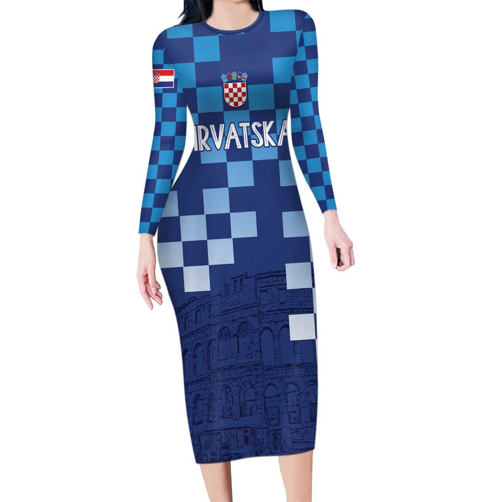 Croatia Football 2025 Custom Long Sleeve Bodycon Dress Blue Hrvatska Kockasti - Pula Arena