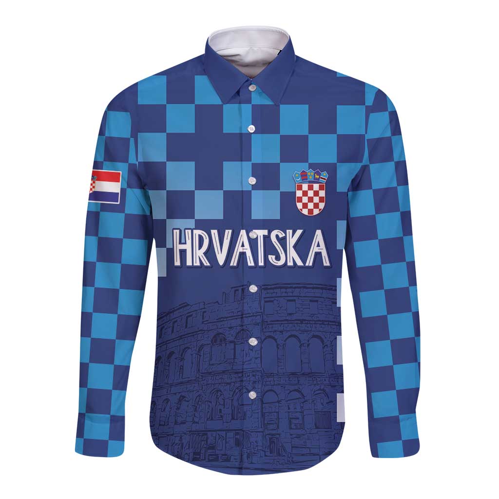 Croatia Football 2025 Custom Long Sleeve Button Shirt Blue Hrvatska Kockasti - Pula Arena