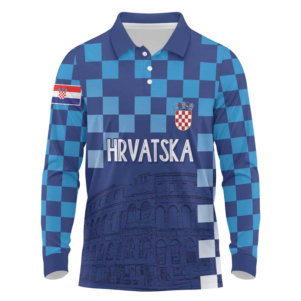 Croatia Football 2025 Custom Long Sleeve Polo Shirt Blue Hrvatska Kockasti - Pula Arena