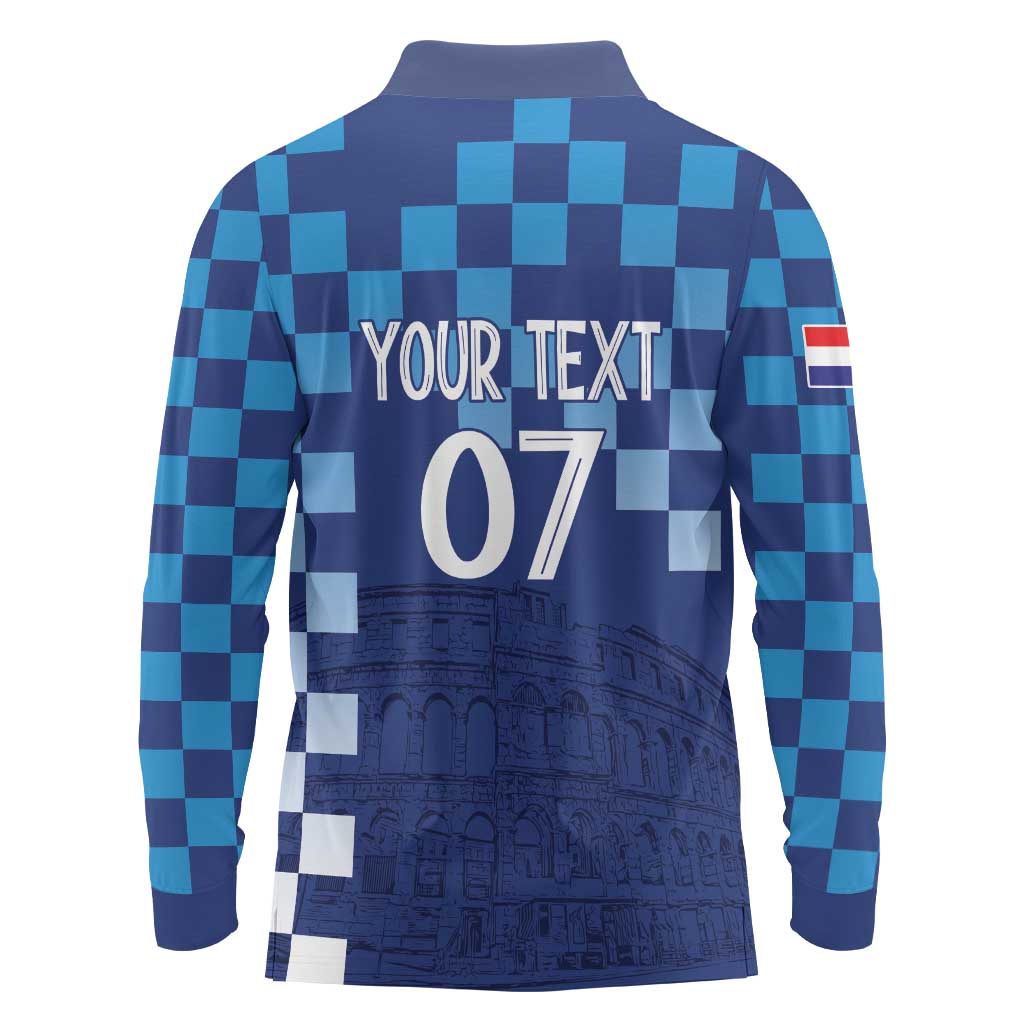 Croatia Football 2025 Custom Long Sleeve Polo Shirt Blue Hrvatska Kockasti - Pula Arena